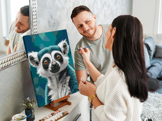 Paint by number - Lemur i nuancer af mørk turkis