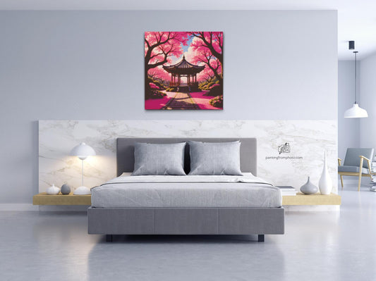 Diamond Paint - Blomstrende sakura med en pavillon