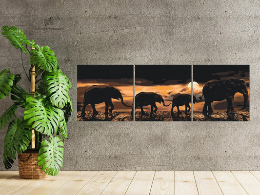 Paint by number - Elefantmarch gennem savannen (sæt med 3 lærreder)