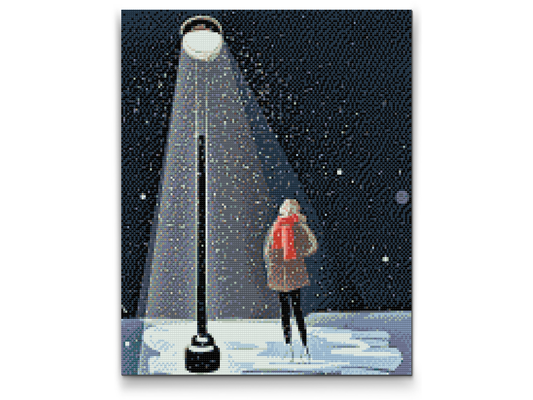 Diamond Paint - Kvinde under en lampe og faldende sne