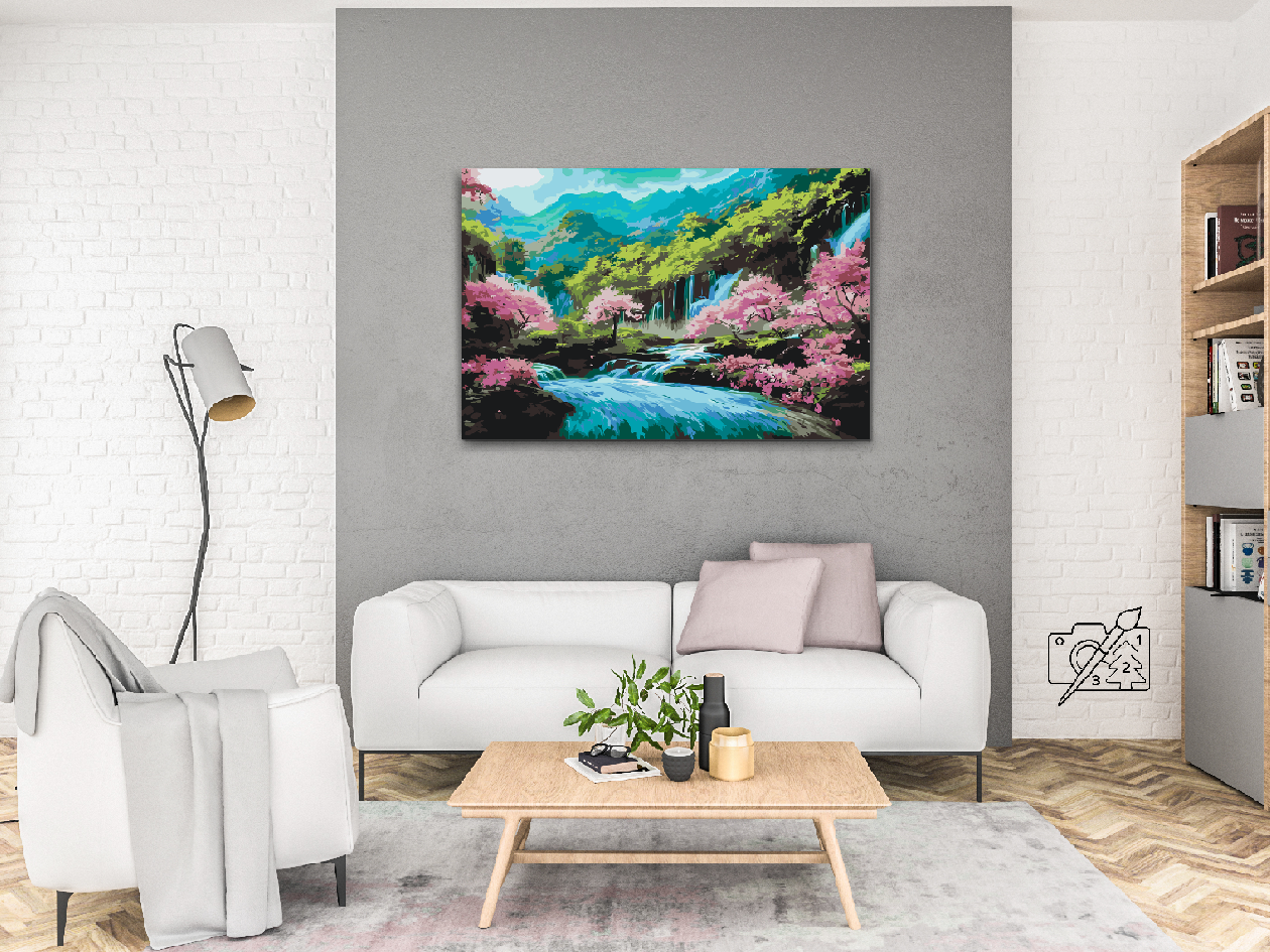 Paint by number - Blomstrende træer nær vandfaldet