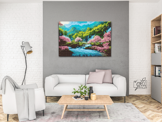 Diamond Paint - Blomstrende træer nær vandfaldet