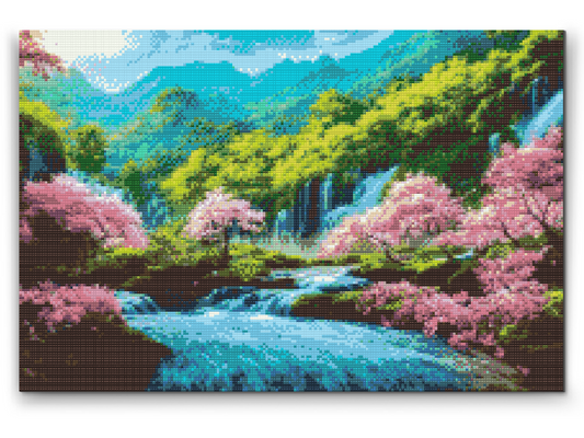 Diamond Paint - Blomstrende træer nær vandfaldet