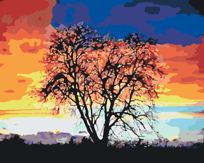 Paint by number - Træ og farverig solnedgang