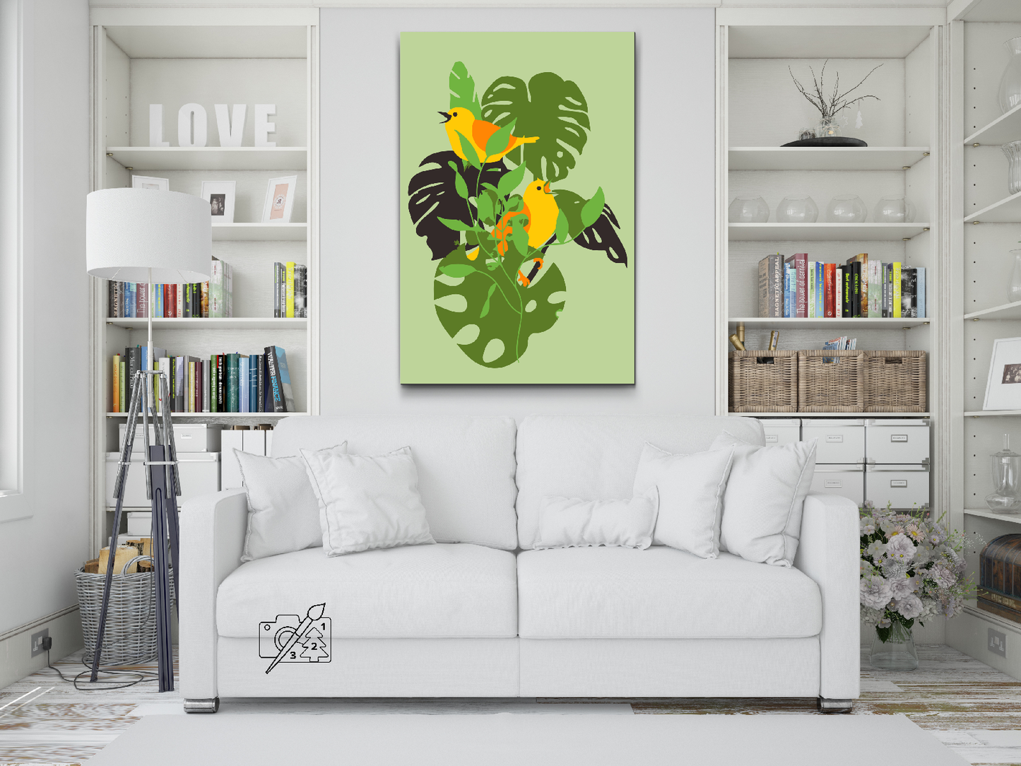 Paint by number - Fugle på en Monstera