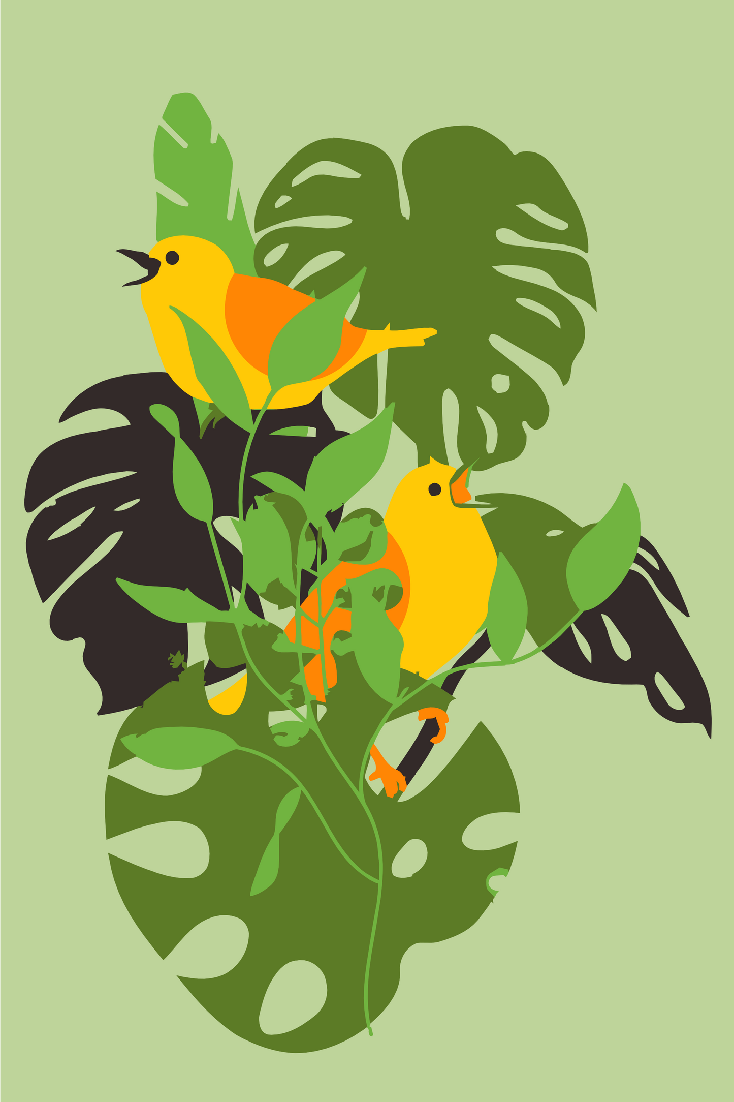 Paint by number - Fugle på en Monstera