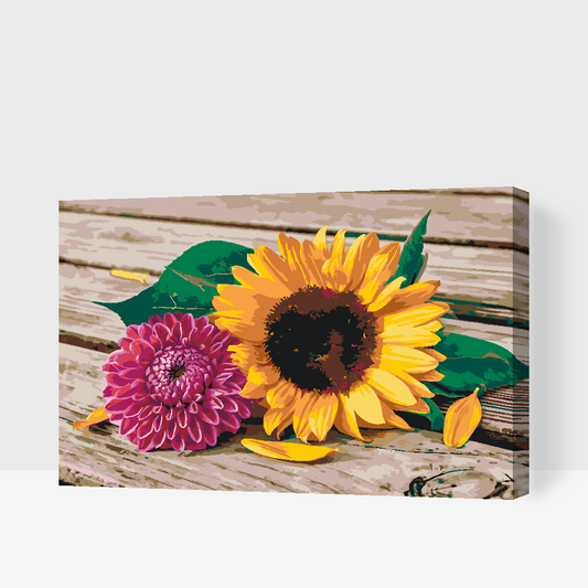 Paint by number - Solsikke og lyserød dahlia