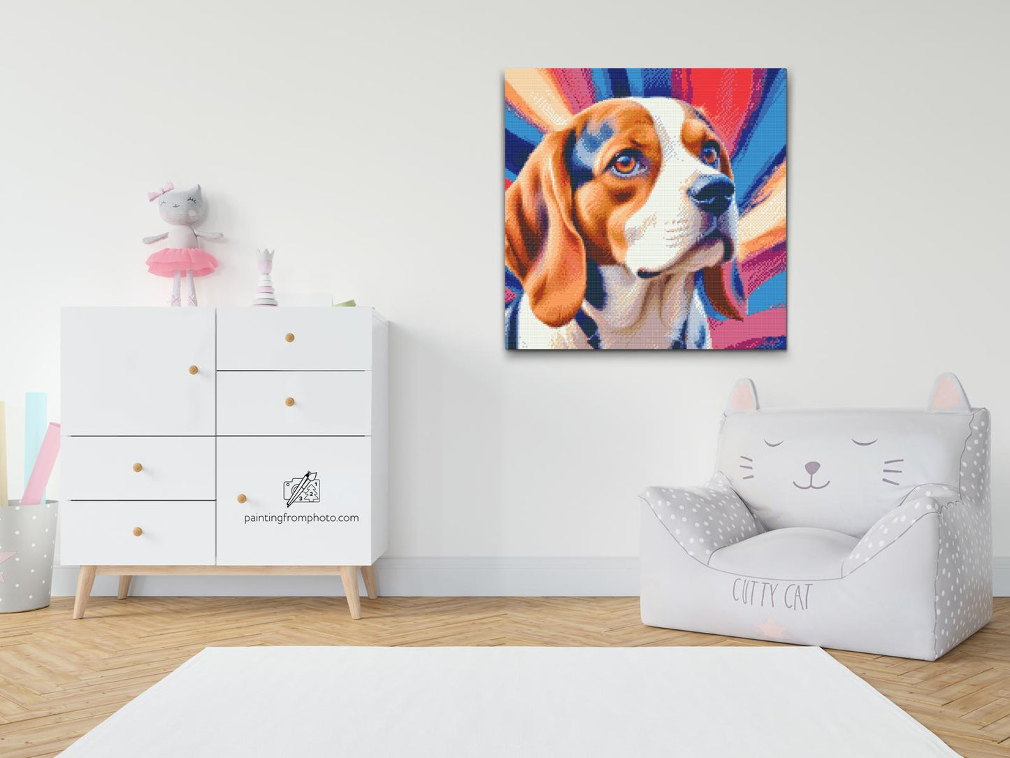 Diamond Paint - Beagle i nuancer af rød og blå
