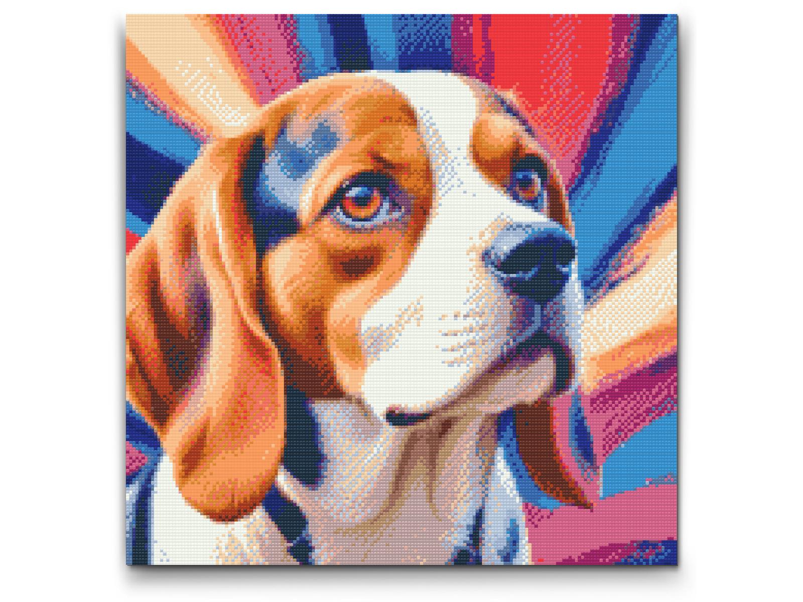 Diamond Paint - Beagle i nuancer af rød og blå