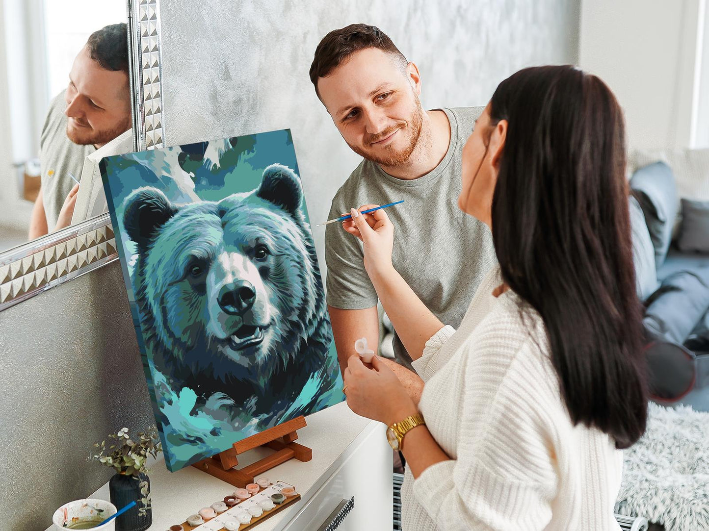 Paint by number - Bjørn i nuancer af mørk turkis