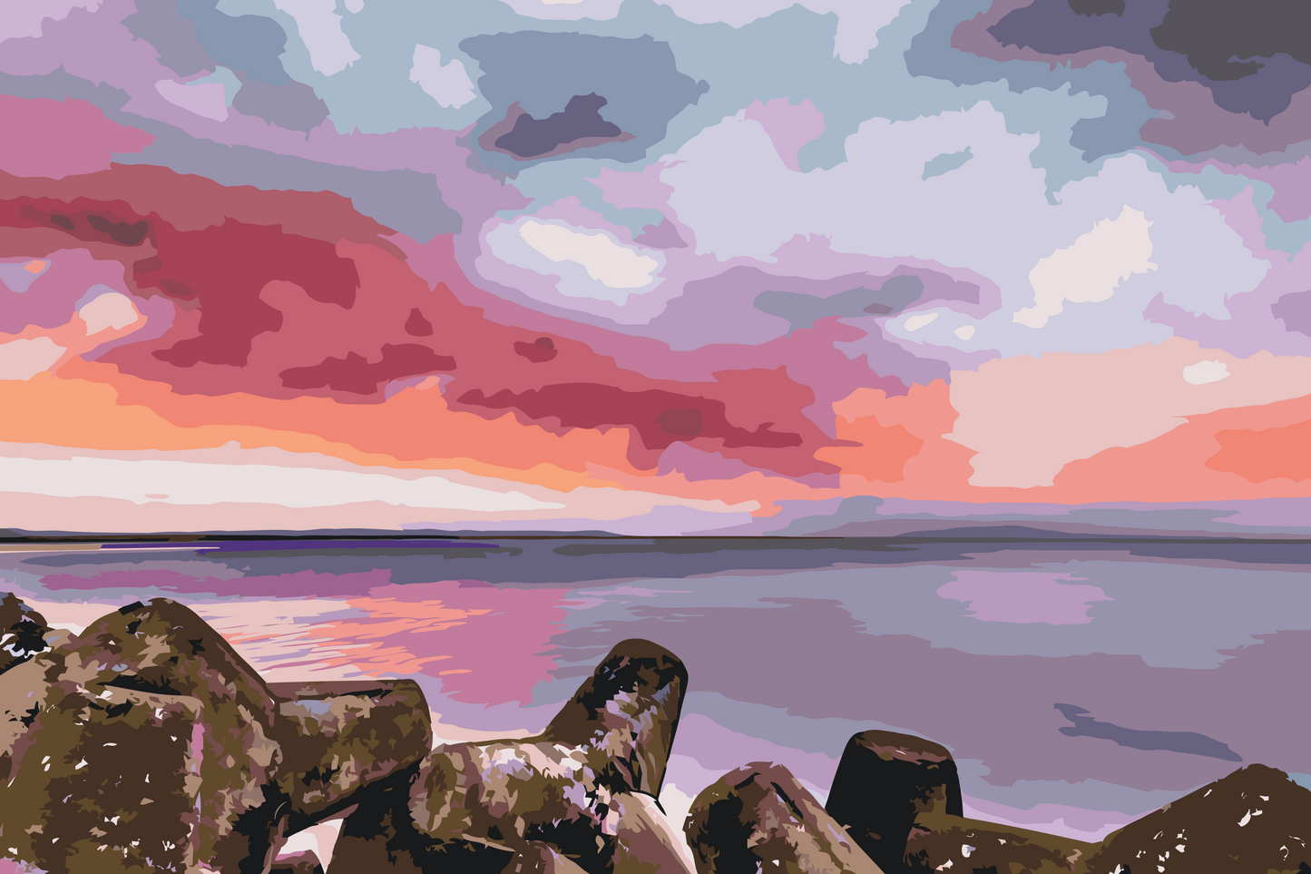 Paint by number - Rød solnedgang over havet