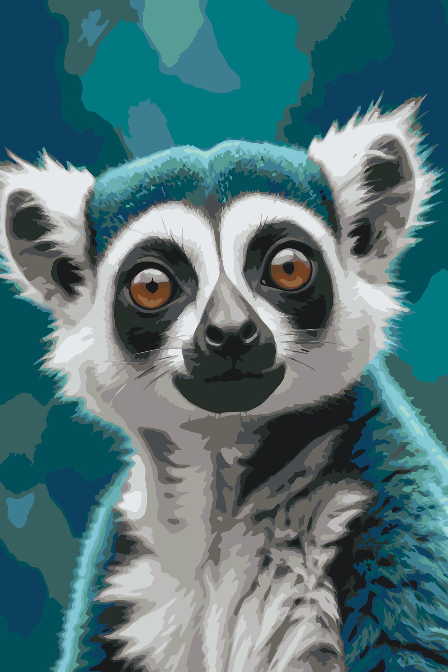 Paint by number - Lemur i nuancer af mørk turkis