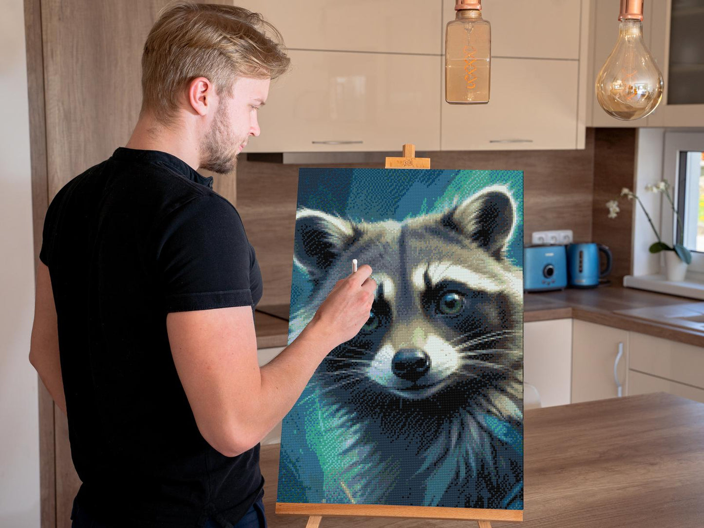 Diamond Paint - Vaskebjørn i nuancer af mørk turkis
