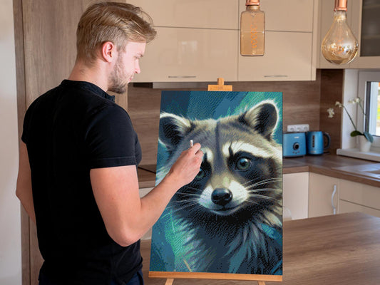 Diamond Paint - Vaskebjørn i nuancer af mørk turkis