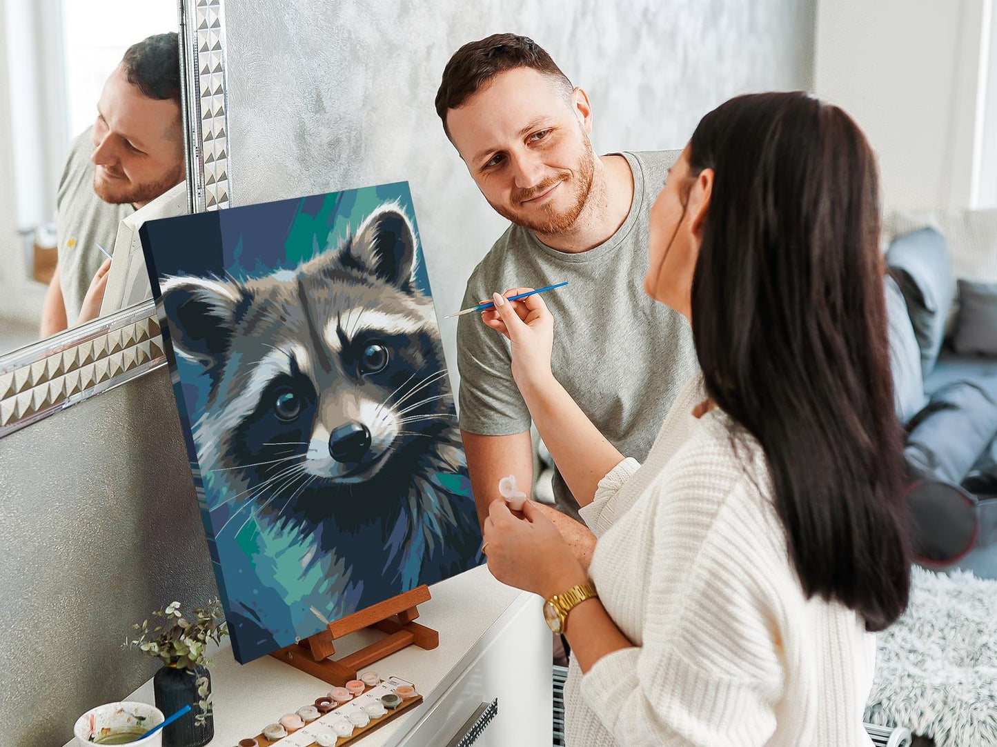 Paint by number - Vaskebjørn i nuancer af mørk turkis