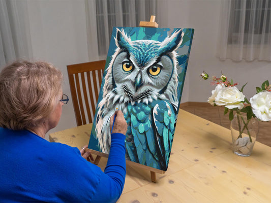 Paint by number - Ugle i nuancer af mørk turkis