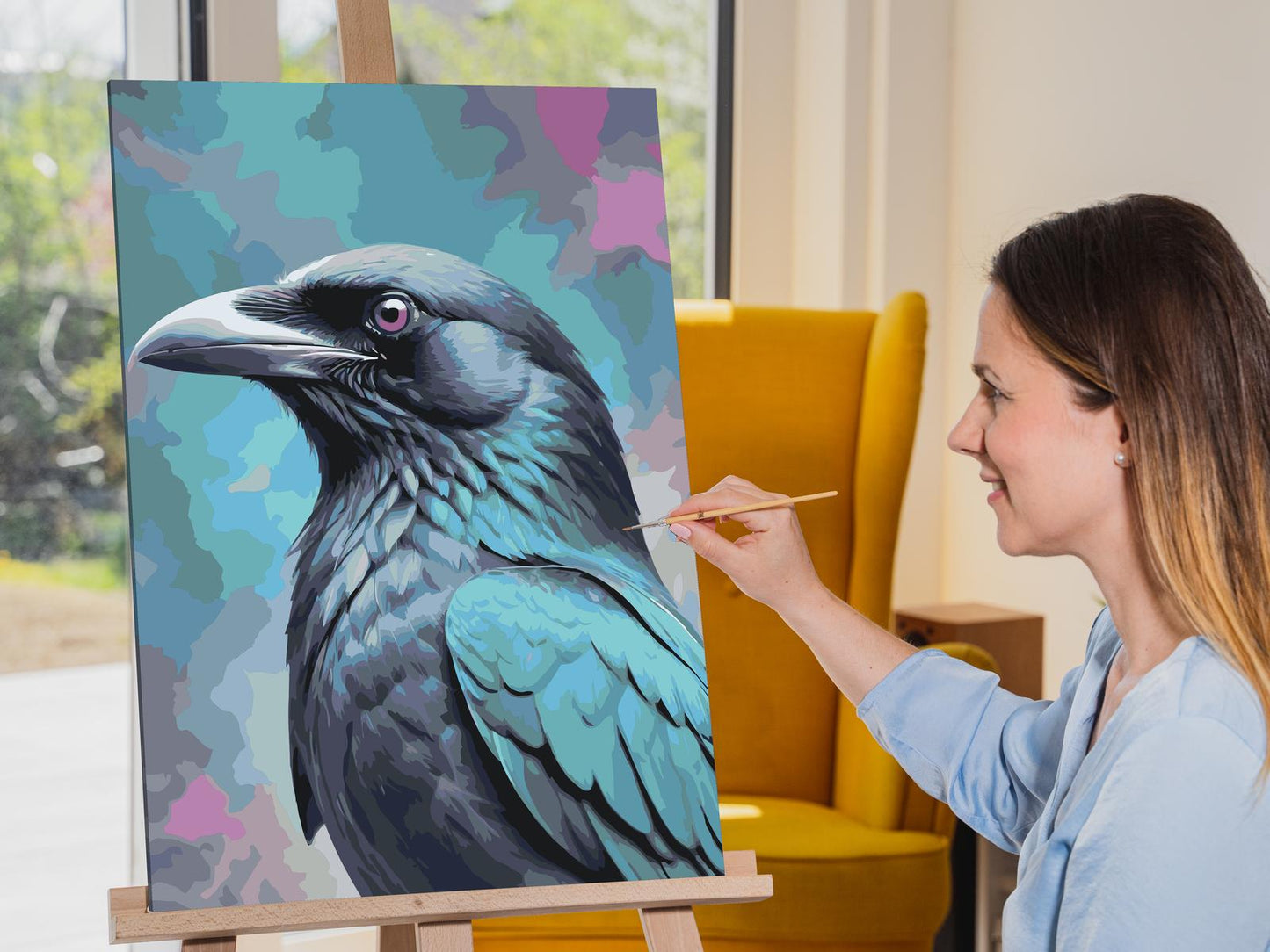 Paint by number - Ravn i nuancer af mørk turkis