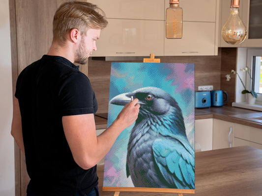 Diamond Paint - Ravn i nuancer af mørk turkis