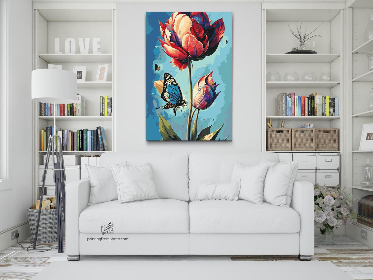 Paint by number - En blå sommerfugl og farverig tulipan