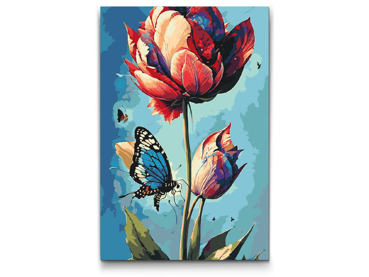 Paint by number - En blå sommerfugl og farverig tulipan