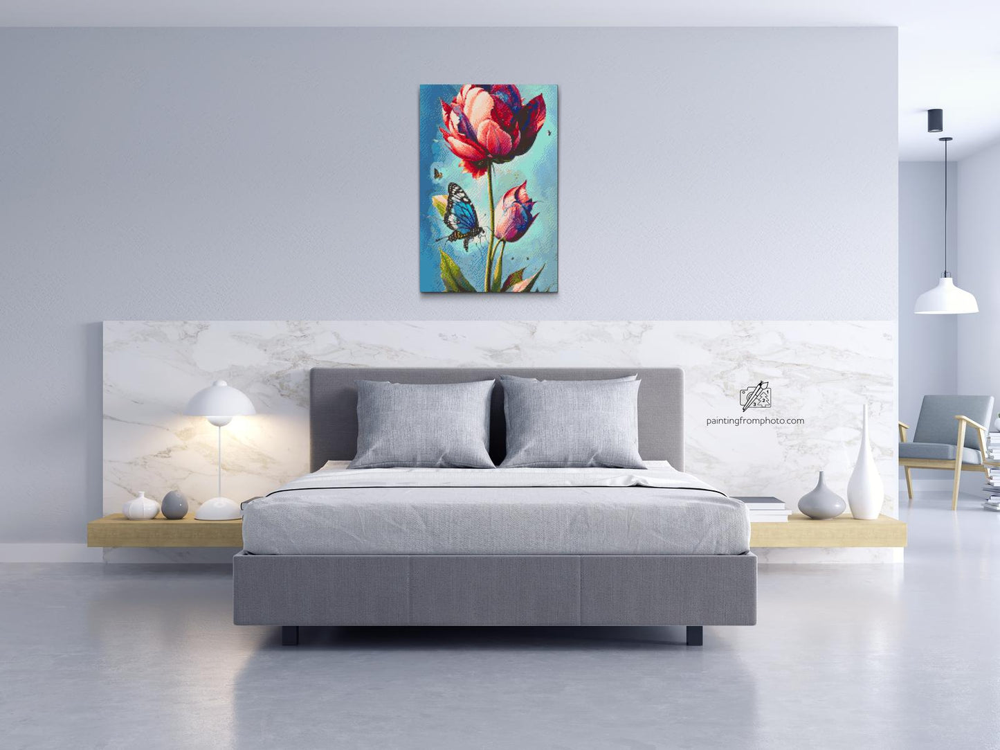 Diamond Paint - En blå sommerfugl og farverig tulipan