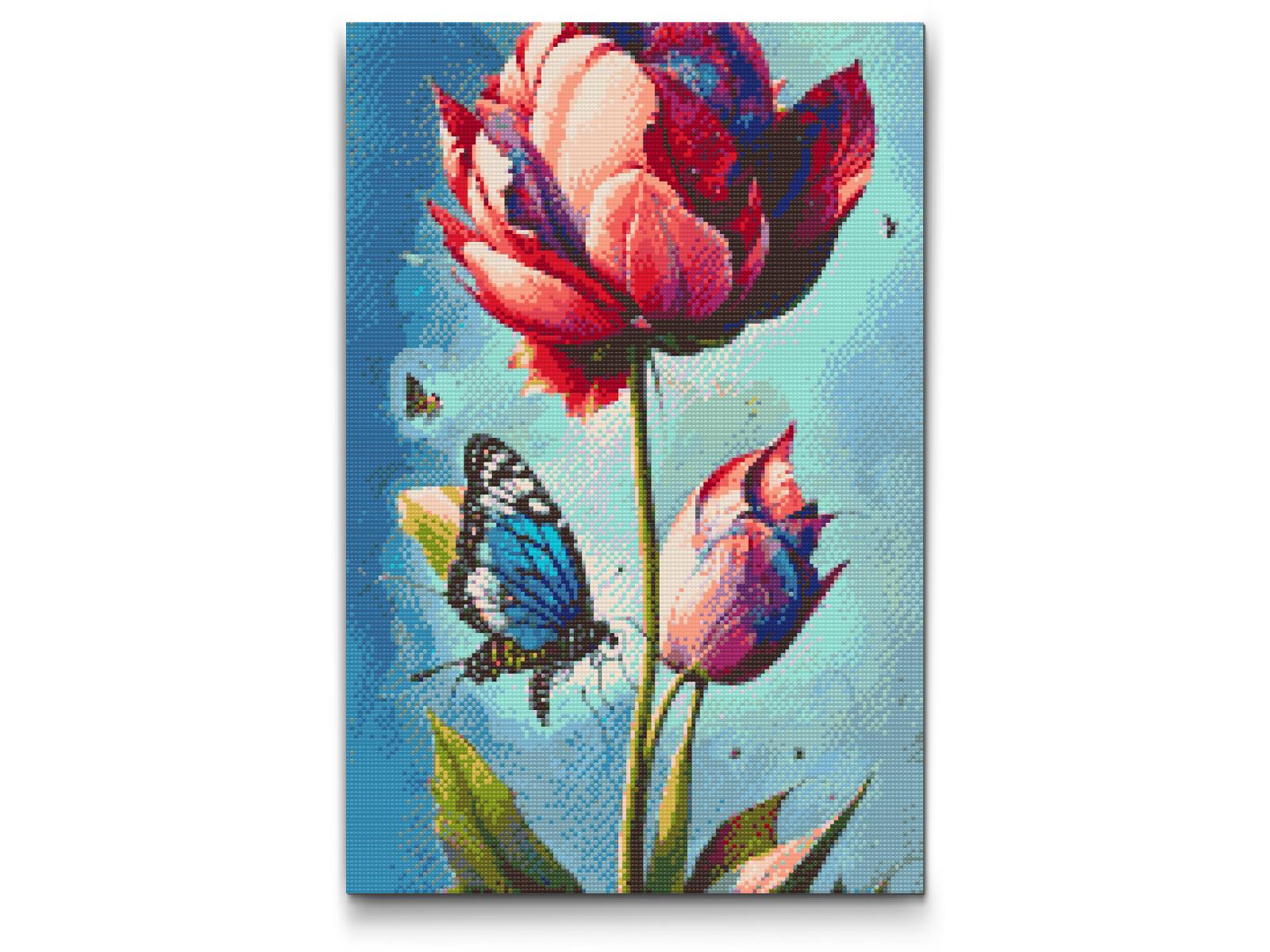 Diamond Paint - En blå sommerfugl og farverig tulipan