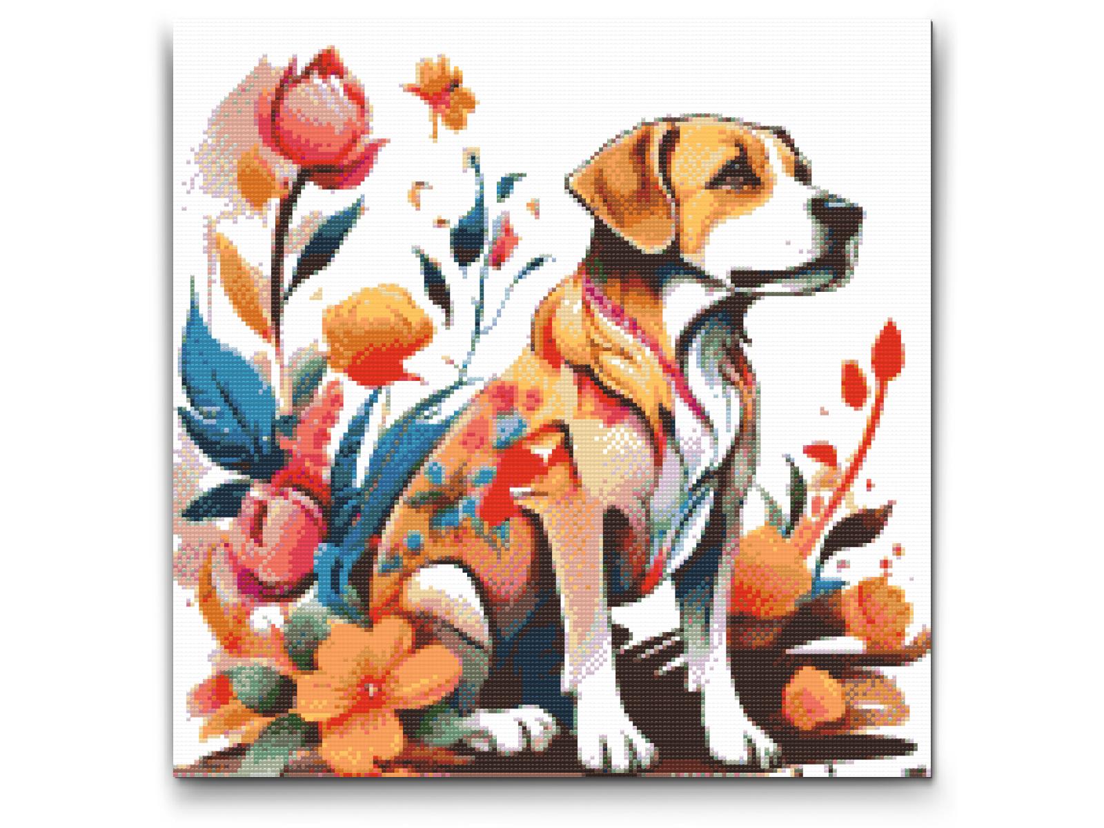 Diamond Paint - Hund med blomster på sin pels