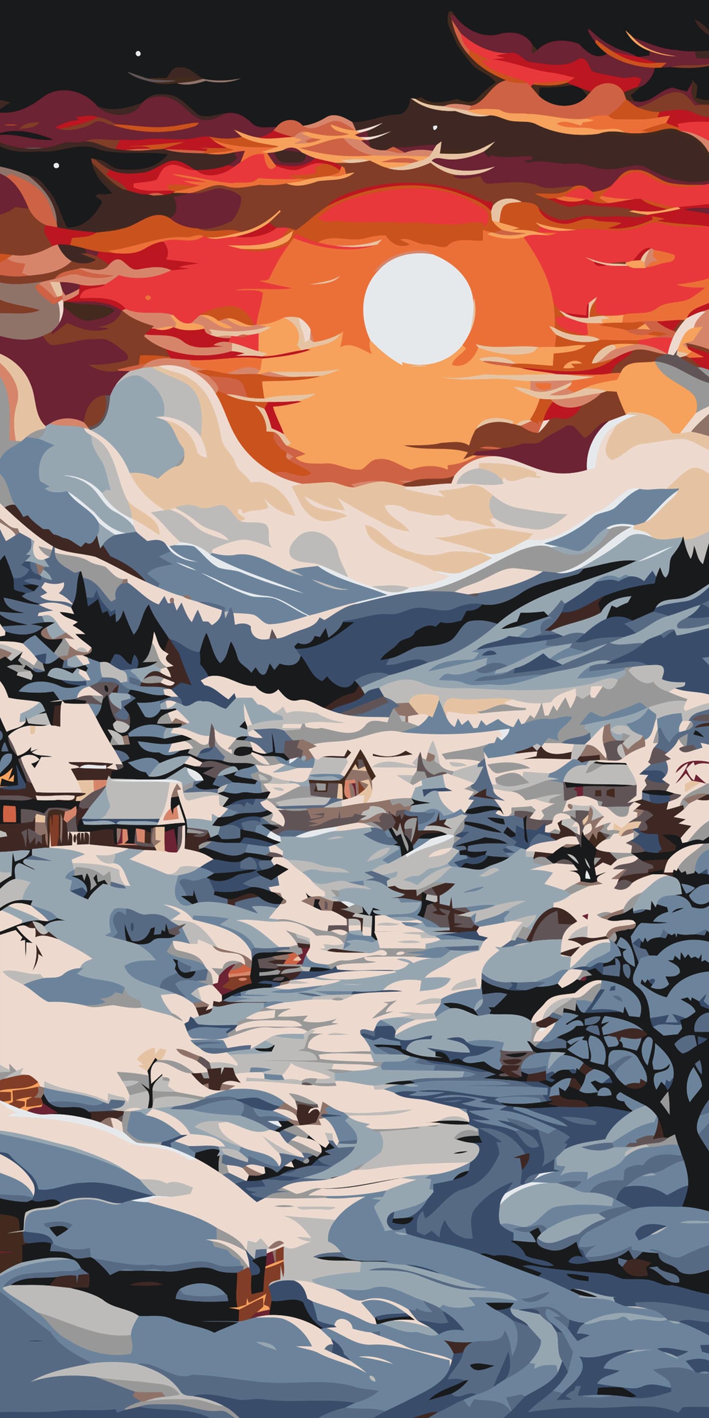 Paint by number - Landsby i et snedækket landskab