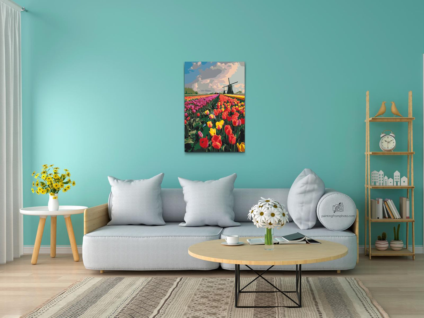 Paint by number - Vindmøller i en mark med tulipaner