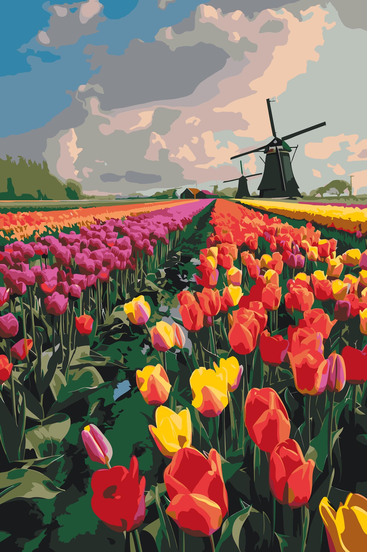 Paint by number - Vindmøller i en mark med tulipaner