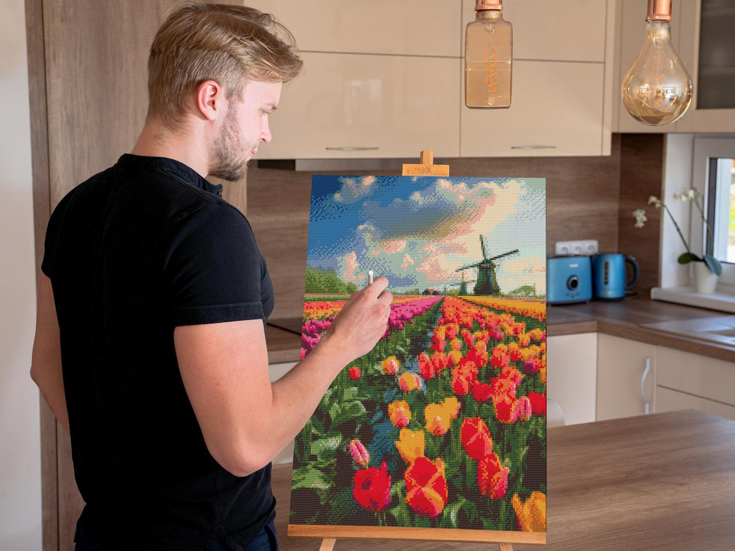 Diamond Paint - Vindmøller i en mark med tulipaner