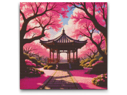 Diamond Paint - Blomstrende sakura med en pavillon