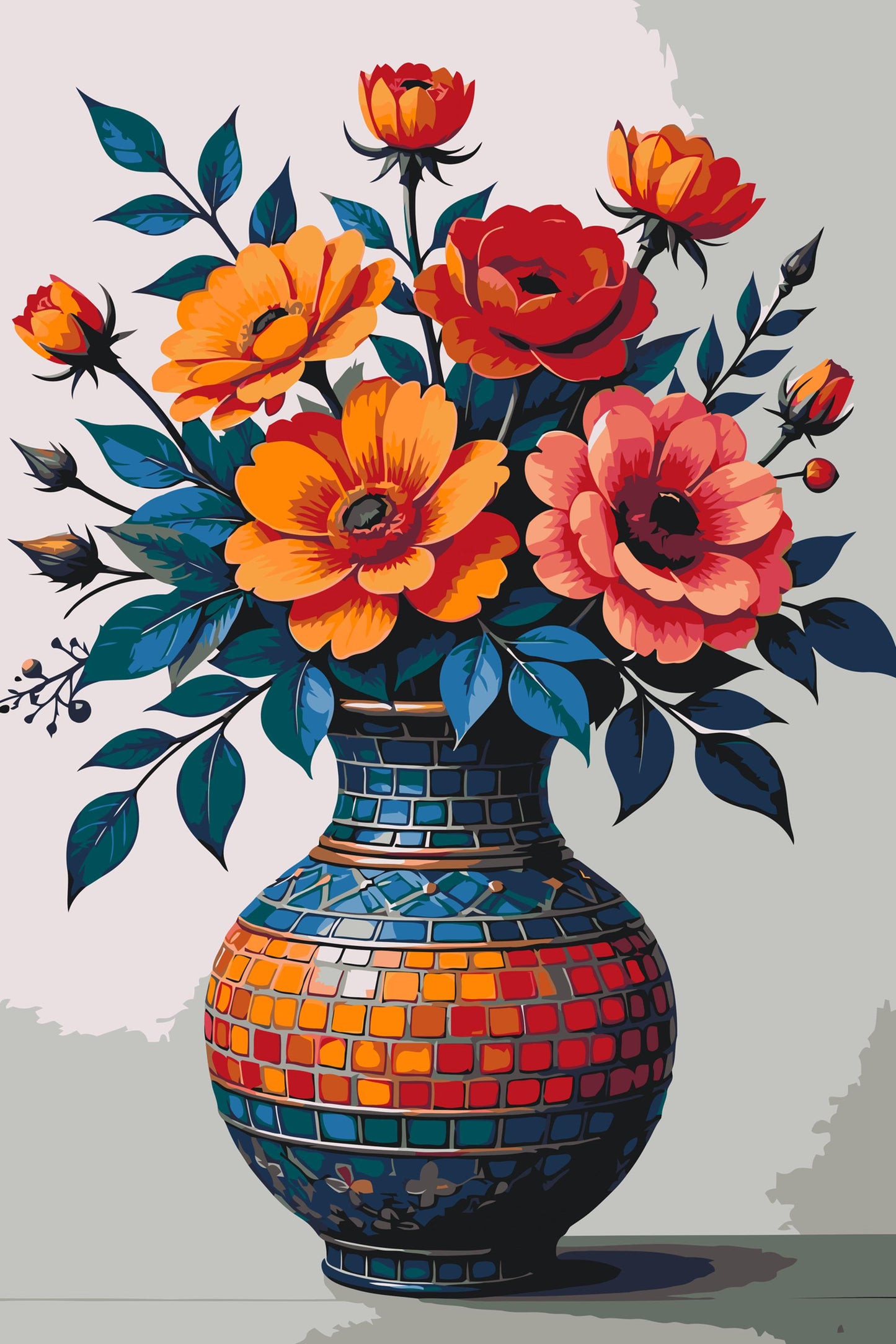 Paint by number - Farverig buket i en mosaikvase
