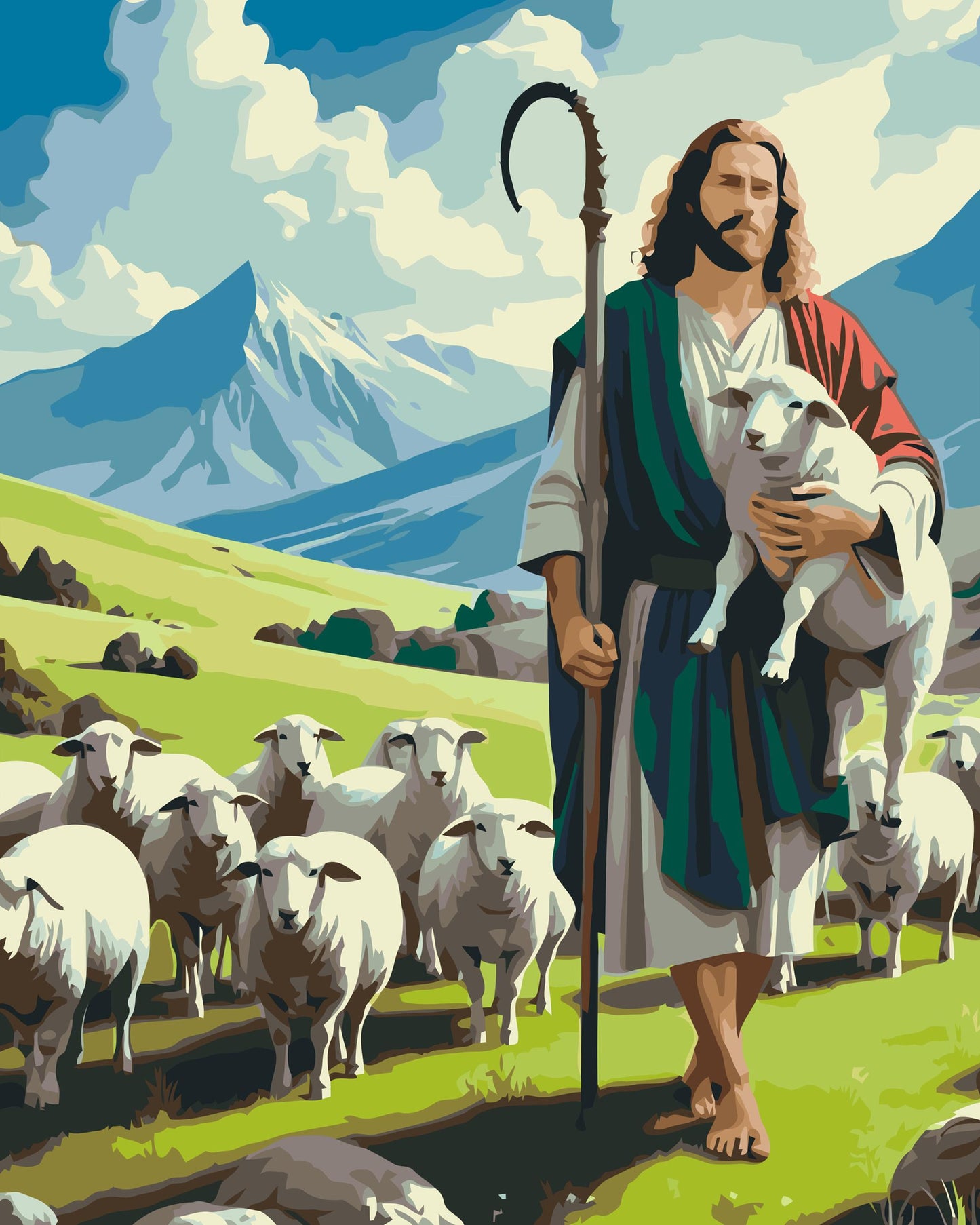Paint by number - Jesus med får på græsmarken