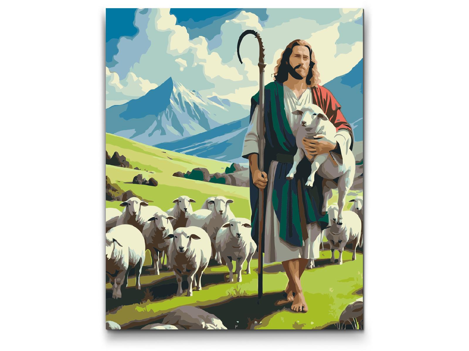 Paint by number - Jesus med får på græsmarken