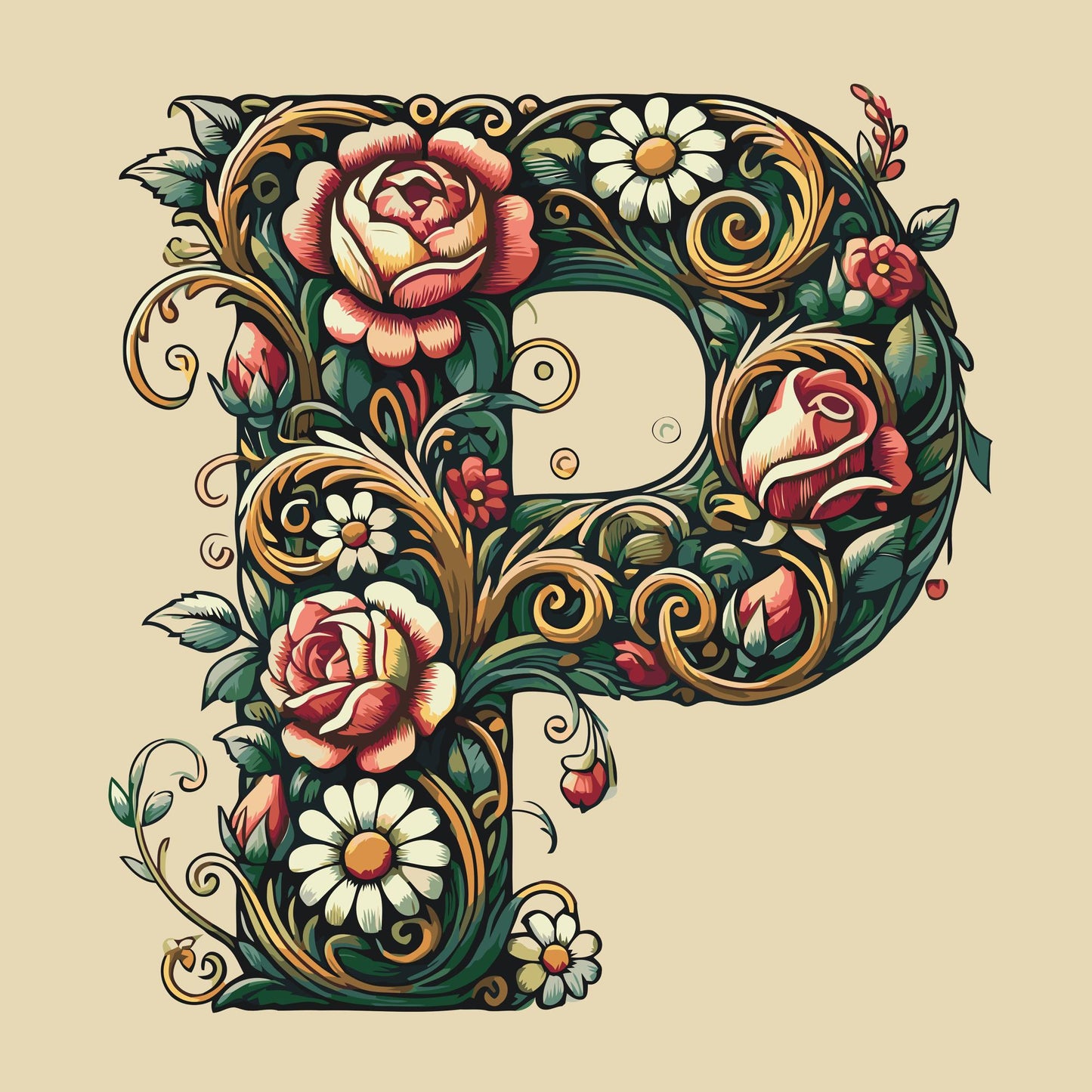 Paint by number - Bogstav P - Blomstermønster