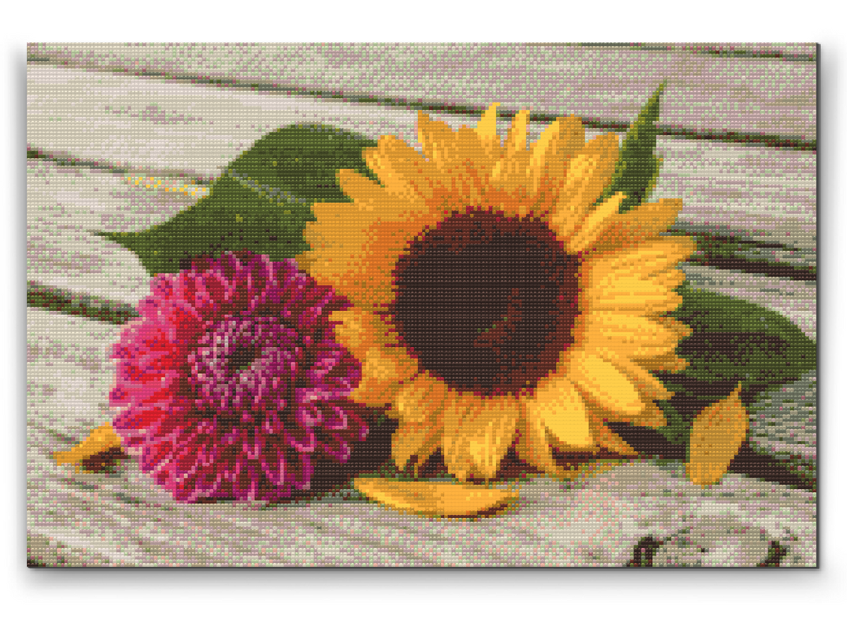 Diamond Paint - Solsikke og lyserød dahlia
