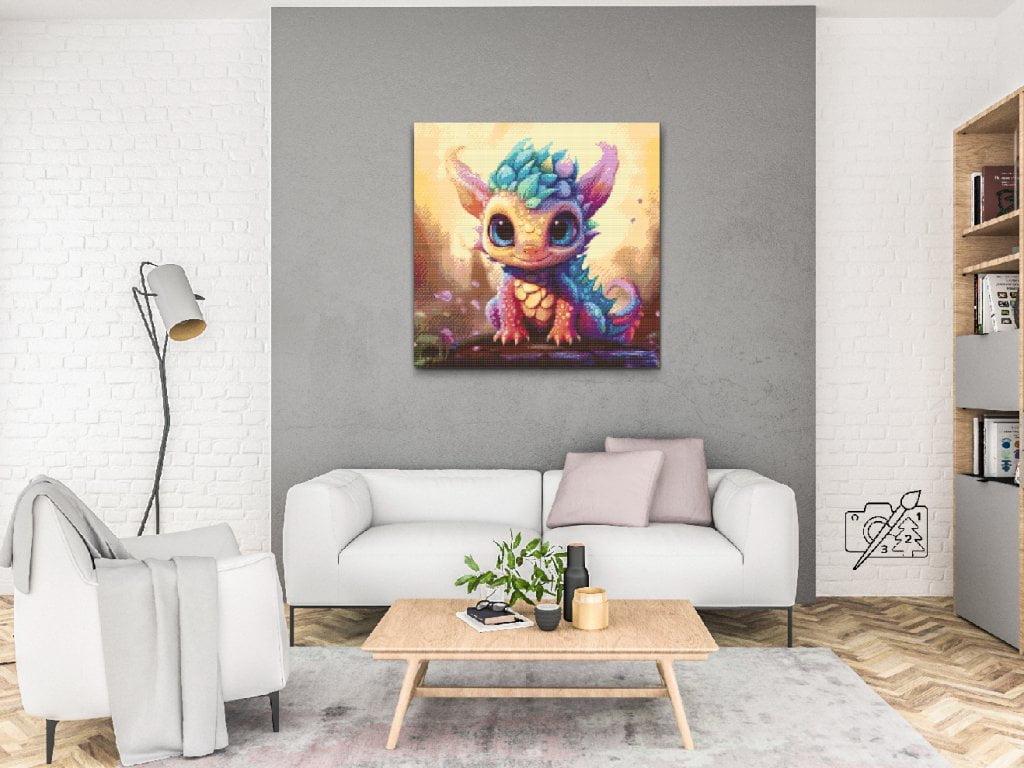 Diamond Painting Farverig Drage - set på lærred i stue