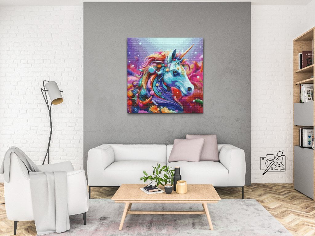 Diamond Painting Farverige Dyr Serie - Enhjørning - set på lærred i stue
