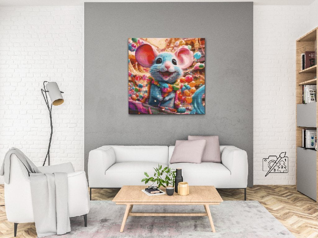 Diamond Painting Kreabutik - Farverige Dyr - Mus på lærred i stue