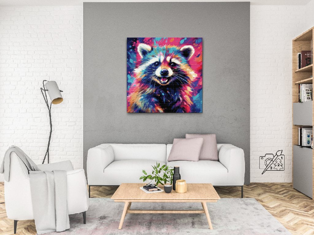 Diamond Paint - Farverig vaskebjørn lærred i stue