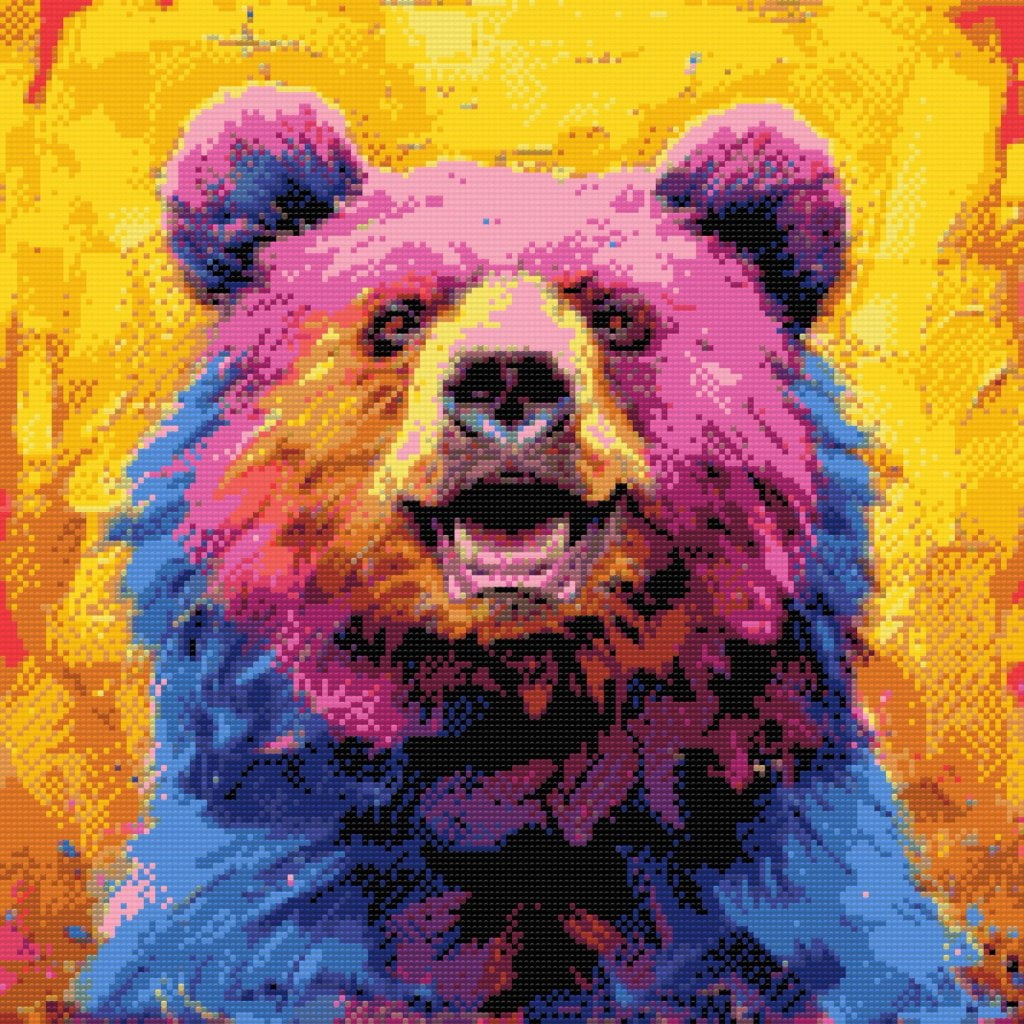 Diamond Painting Kreabutik - Farverige Dyr Serie - Bjørn på gul baggrund
