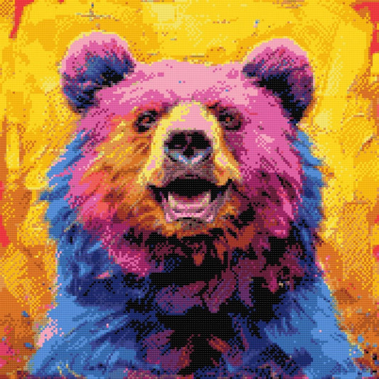 Diamond Painting Kreabutik - Farverige Dyr Serie - Bjørn på gul baggrund